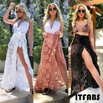 

2019 Women Summer Skirt Lace Mesh Bikini Cover Up Swimwear Swimsuit Bathing Beach Long