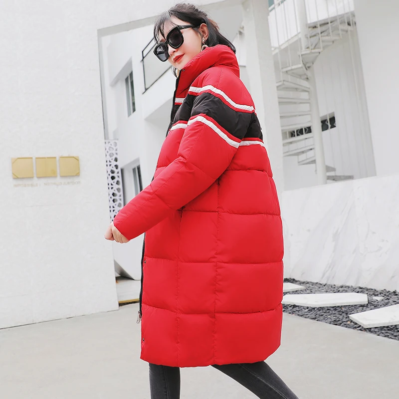 Hiver Coton Femmes Rouge Lettre Rayé Doublure Couple Nouveau Noir Noir rouge Dames Manteaux Veste Imprimer Zipper 2018 Rembourré Femme Épais Parka SzZqFw5Zn