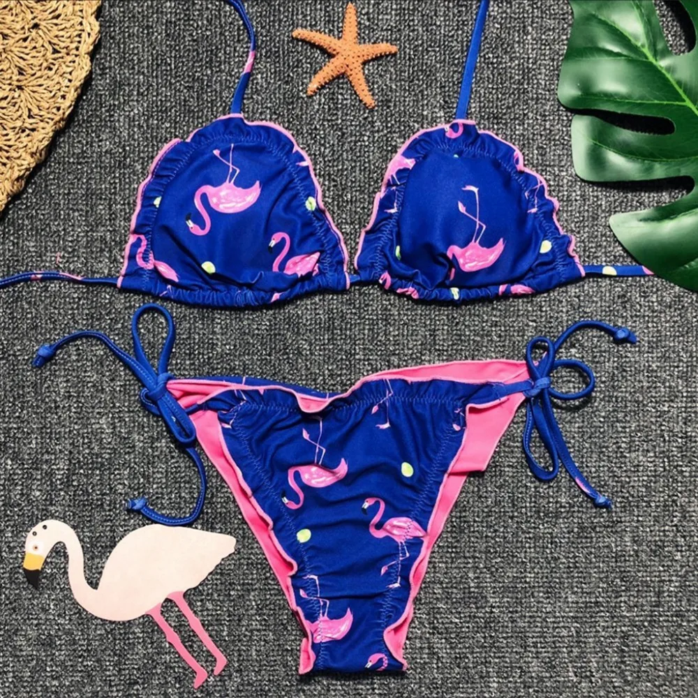 New Arrival Flamingos Bikini Set Bathing Suits Bandage Biquinis Triangle Bikinis 2018 mujer Ruffle Tankini Girls Sexy Swimming