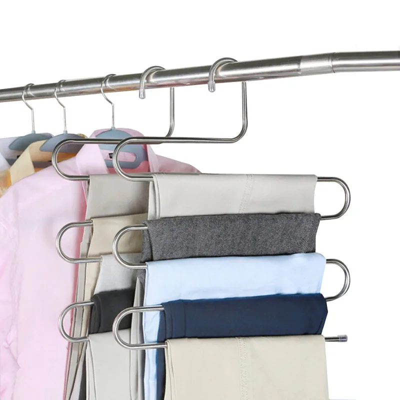 FHEAL 5 Tier Stainless Steel S Type Pants Hangers Multifunction Trouser Tie Scarfs Belt Towel Non-slip Magic Hanger Storage Rack (17)