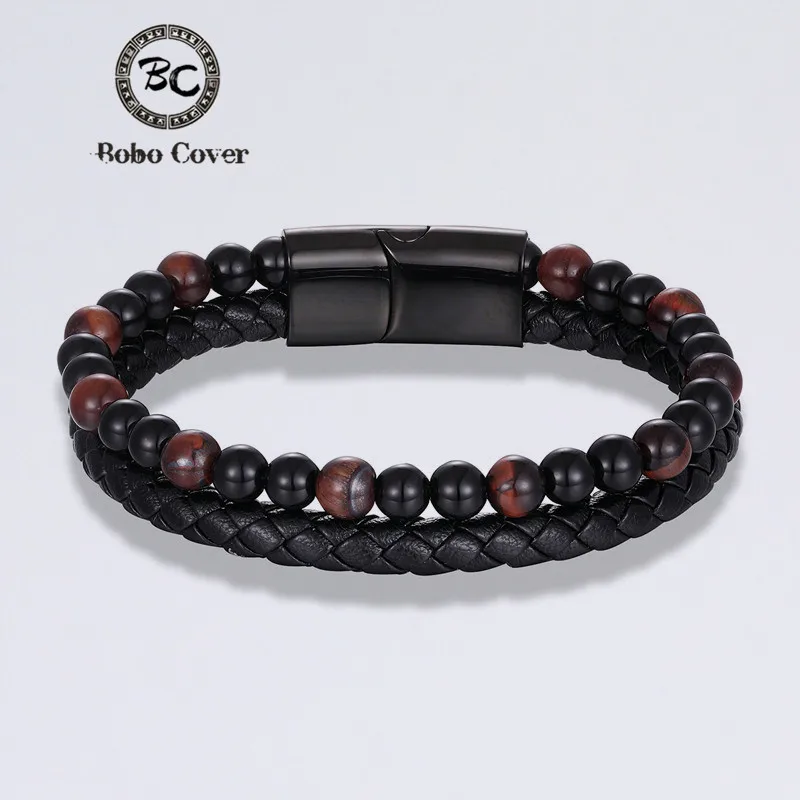 

Trendy Tiger Eye Natural Stone Beads Bracelets Men luxury Double layer Genuine leather Steel Charm bracelet Women Male Jewelry