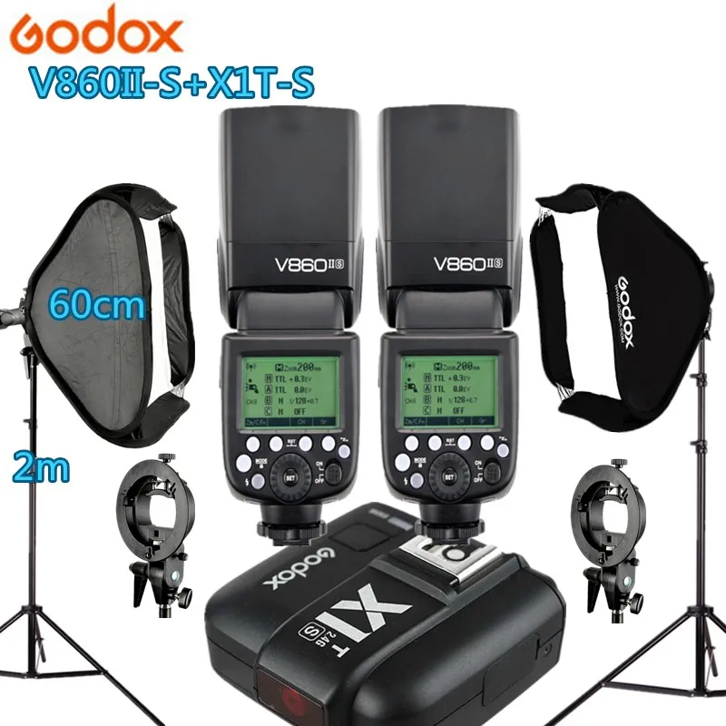 2X вспышка Godox V860IIS + 1 X1T S триггер 2 оссветильник ных стойки софтбокса набор для