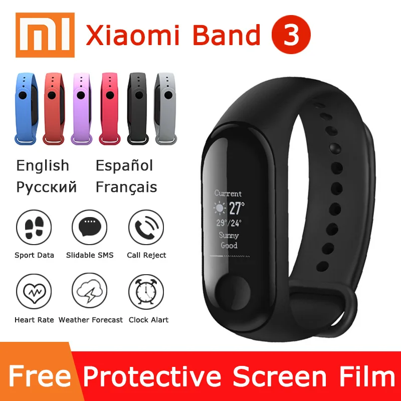 Xiaomi Mi Band 3 Смарт-браслет Miband 3 OLED сенсорный экран 0,7" дисплей с сообщением, погода, фитнес-трекер, умные часы