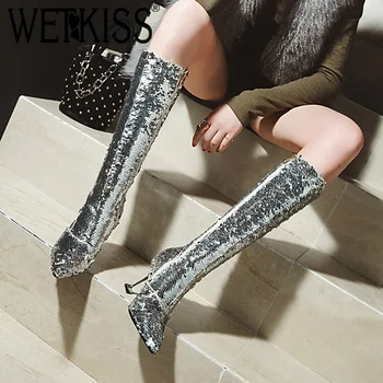 

WETKISS Plus Size 32-43 Thin High Heels Women Boot Bling Pointed Toe Footwear Knee High Female Boots Rubber Shoes Women Black