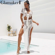 Glamaker выдалбливают сексуальное платье для женщин галстук-бабочка прозрачное Макси пляжное платье длинный костюм из двух частей облегающее летнее платье
