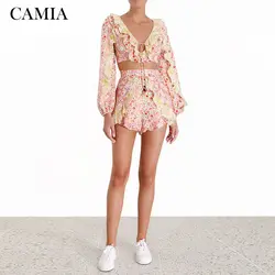 CAMIA/летний комплект с принтом на талии, рукав-фонарик с v-образным вырезом, короткий топ + шорты, Модный комплект