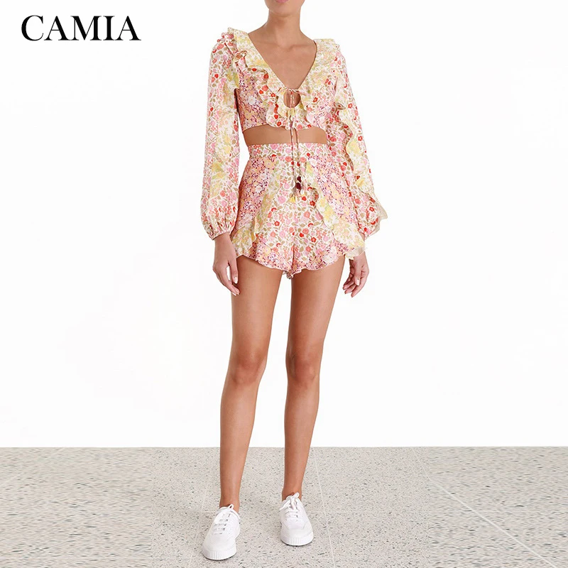 

CAMIA Summer Print Waist Set Lantern Sleeve with V-neck Short Top + Shorts Fashion Set