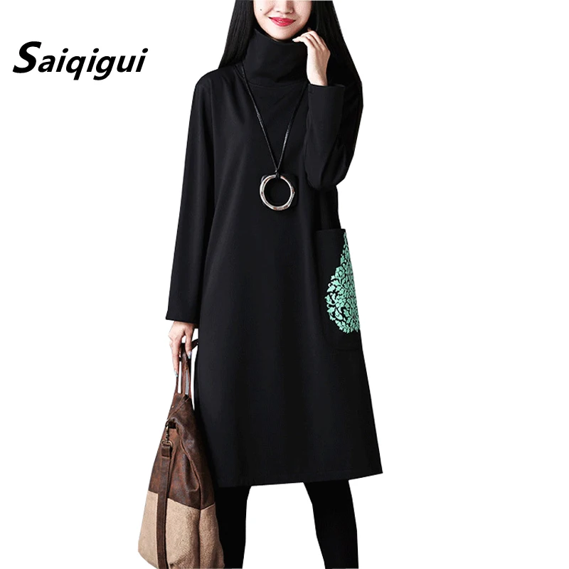 

Saiqigui 2019 fashion Autumn winter dress long sleeve women dress casual Loose A-Line Print thick Turtleneck dress vestidos