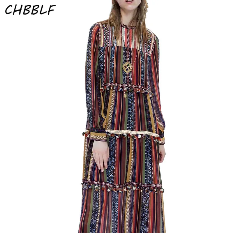 

CHBBLF women vintage striped chiffon dress fur ball decorate long sleeve pleated female casual vintage holiday dresses CDC8837