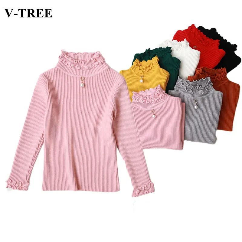 

2018 Autumn Winter Children Sweater Pearl Sweaters For Girls Turtleneck Baby Cardigans Candy Color Kids Pullover Knited Clothing