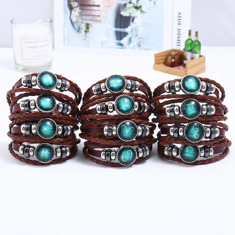 Натуральная кожа плетеные знаки браслет со знаком зодиака 12 созвездий браслет для мужчин и женщин пара ювелирные изделия, браслеты в подарок
