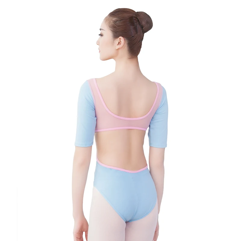 ballet leotards for women half sleeve low back mesh leotard contrast color gymnastic leotard adult dance leotard