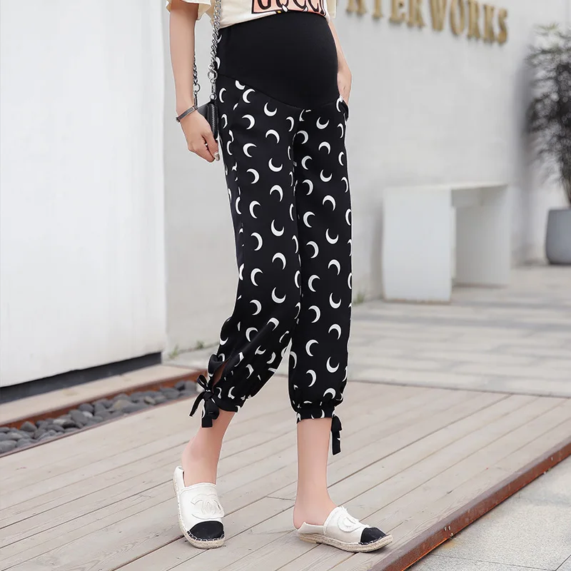 

556# Side Splits Bandage Print Maternity Pants Summer Fashion Adjustable Belly Harem Pants Clothes for Pregnant Women Pregnancy