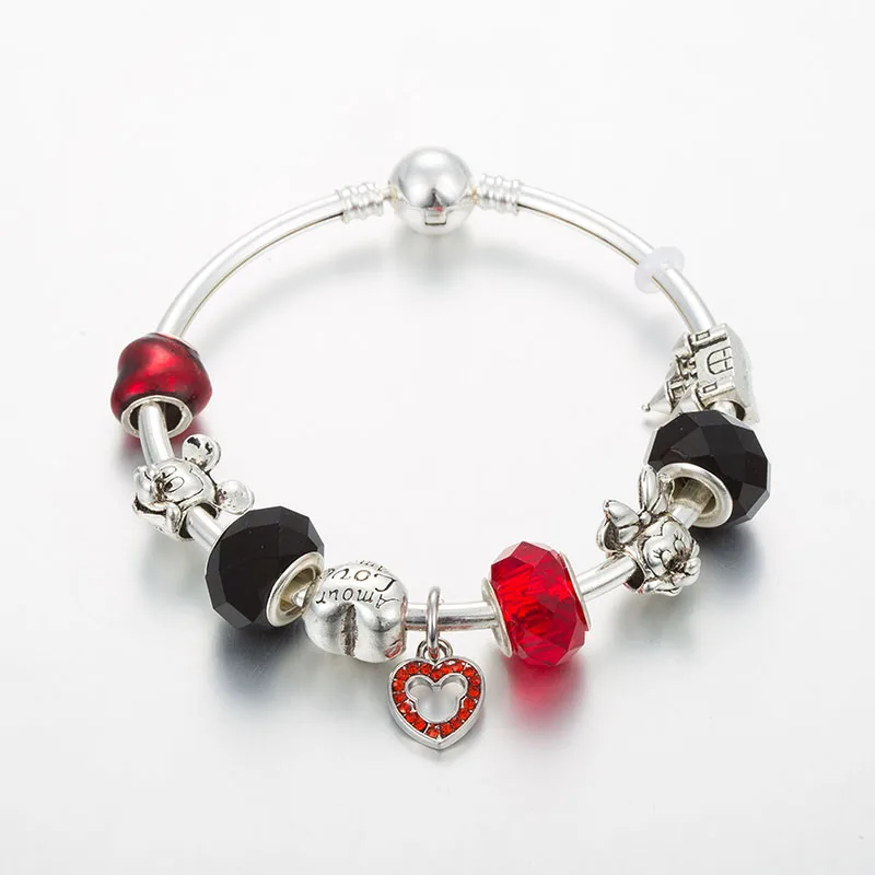 

ANNAPAER Silver Color Mickey & Minnie Charm Bracelet Women Jewelry DIY Heart Fit Original Bracelet for Girls Gift B19024