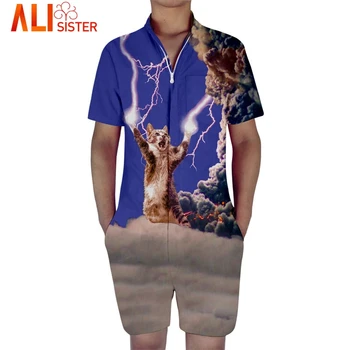 

Alisister Summer Cat Jumpsuit Pants Men Short Sleeve Slim Solid Bodysuit Mens Rompers Casual Playsuit Overalls One Piece Homme
