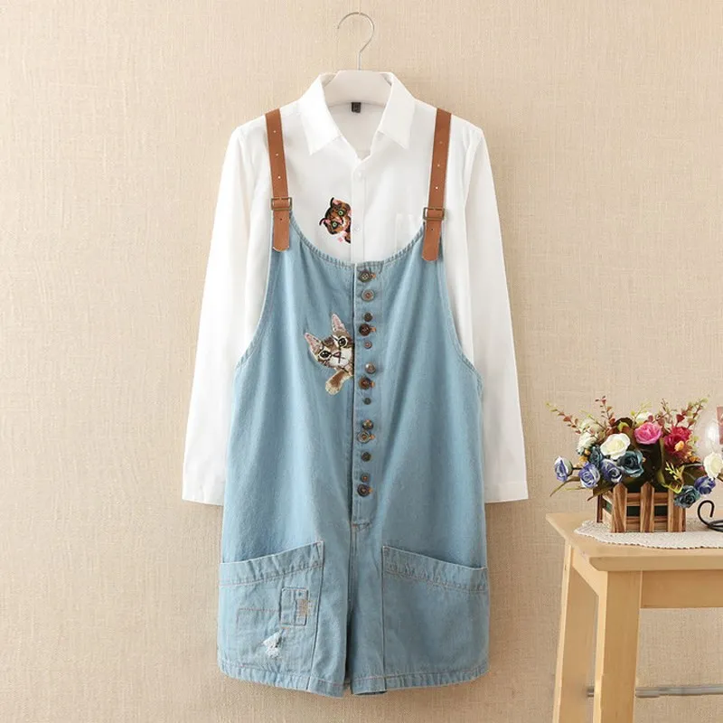 

Autumn Winter Funny Female Cats Embroidery Denim Jeans Overalls Women Suspenders Wide Leg Bib Boots Short Jumpsuit