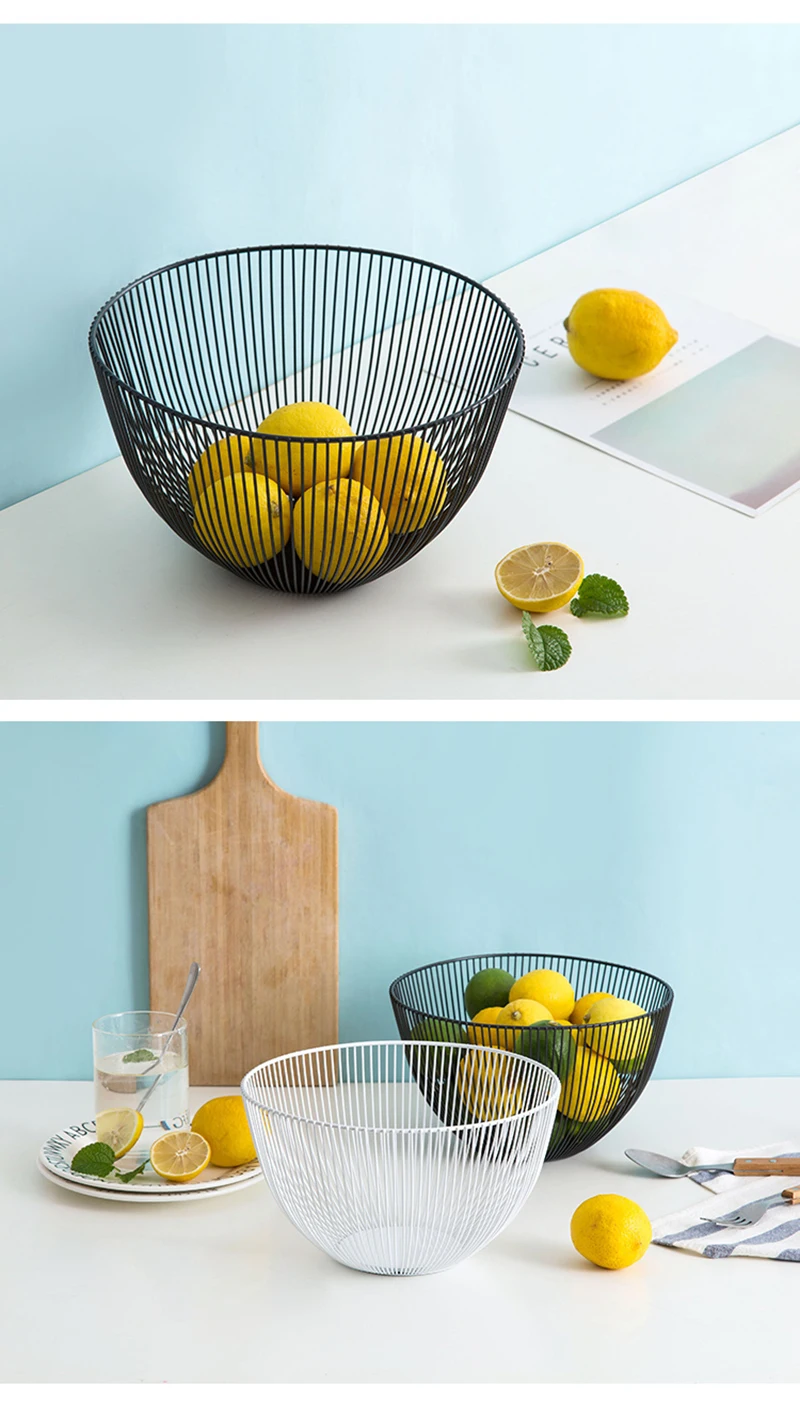 Home Storage Basket Fruit Basket Wrought Iron Hollow Desktop Snack Round Baskets Living Room Organizer Kitchen DecorationB5