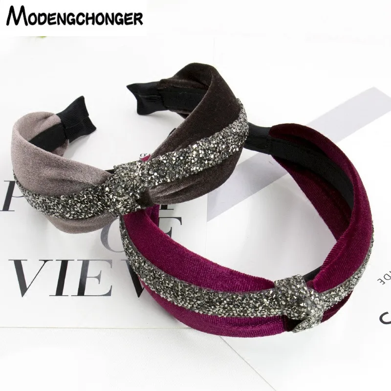 

Hot Selling Elastic Hair Bands For Women Flannelette With Diamonds Head Band Knotted Hair Bezel Hair Hoop Girls Hair Accessories