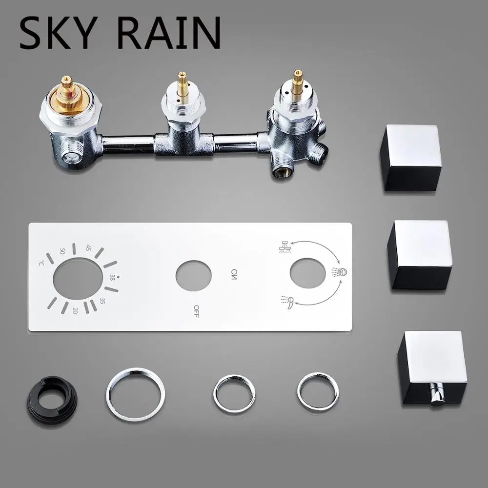 SKY RAIN Bathroom New Design 3 Function Square Knobs Brass Thermostatic Valve Polished Shower Mixer