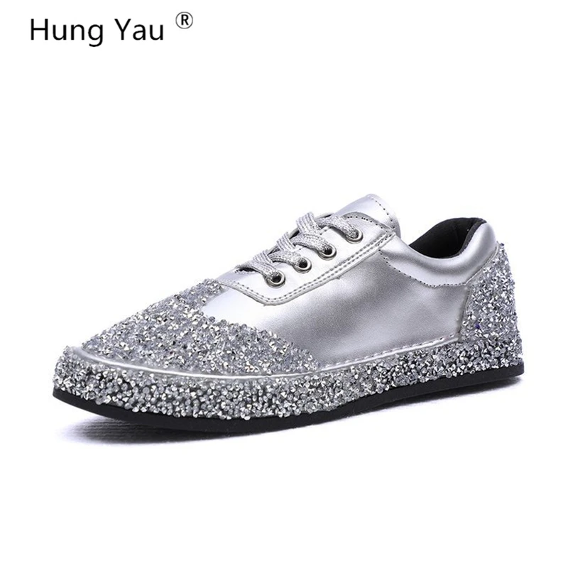 

Hung Yau Women Casual Shoes Glitter Leather Shoes Mixed Color Women Sequins Golden Trainers Sneaker Flats Black Shoes Size 35-39