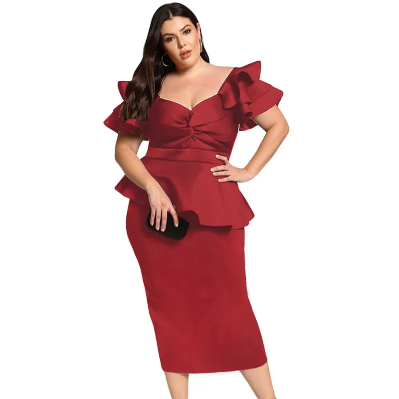 

2019 Plus Size Women Sweatheart Neck Short Sleeve Party Dress Twisted Peplum Dress Ladies Formal Dress