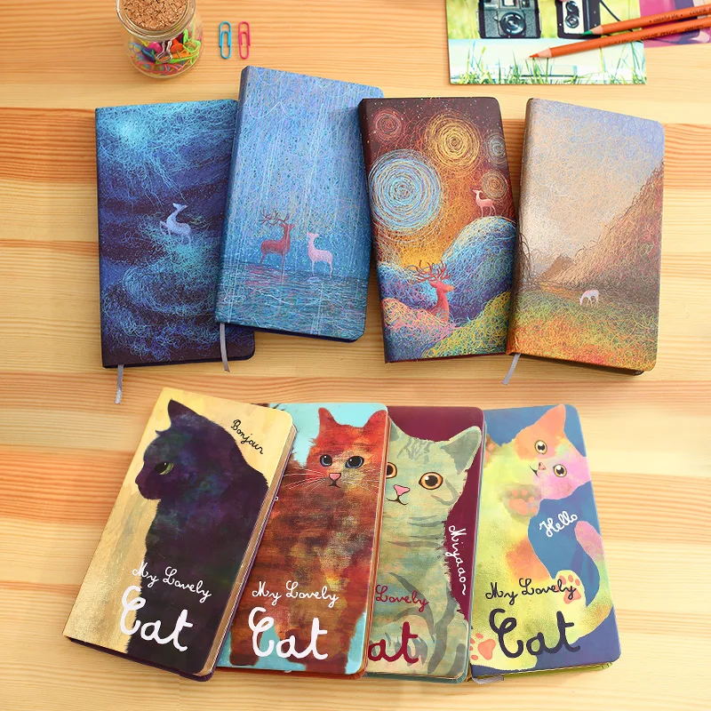 

Free shipping deli Y4812801 cat diary 48k Small tsmip hard-face notebook daily memos creative trends oil painting cover notebook