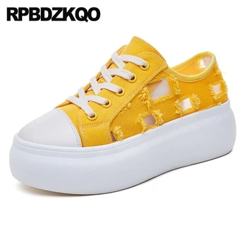 

Hollow Out Mesh Luxury Trainers White Canvas Shoes Women Muffin Flats Creepers Yellow Elevator Sneakers Rubber Sole Platform