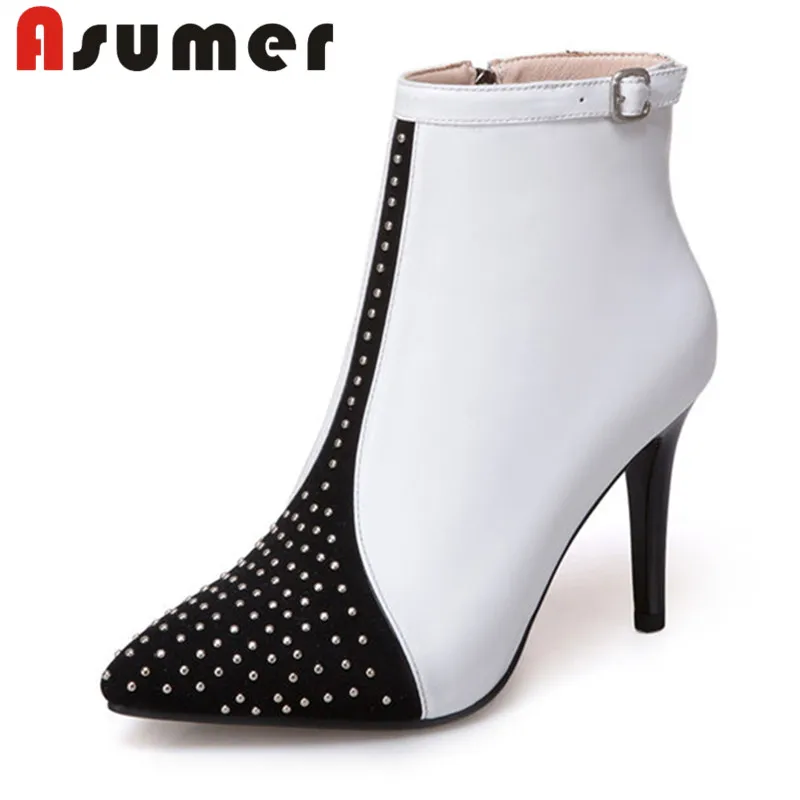

ASUMER 2020 NEW pointed toe ankle boots for women fashion patchwork high heels boots thin heels crystal genuine leather boots