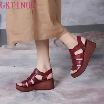 

GKTINOO Original Summer New Wedges Heels Thick Sole Platform Women Shoes Genuine Leather Buckle Retro Casual Handmade Sandals