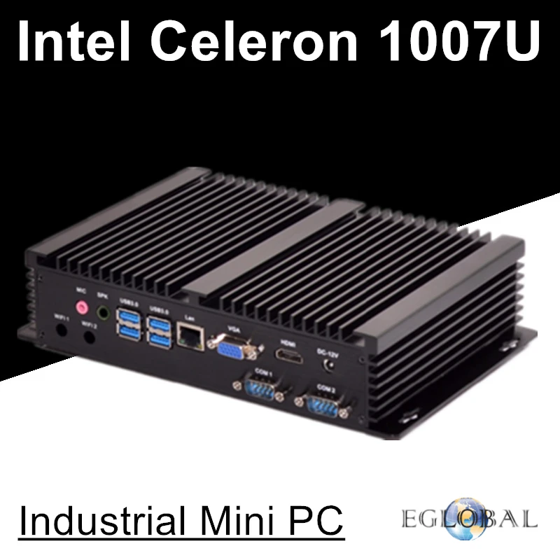 

Fanless Industiral Mini PC Linux Windows All Aluminum Rugged Computer Celeron 1007U 1.5GHz Dual Core 1*Lans 2*RS232 COM HDMI+VGA