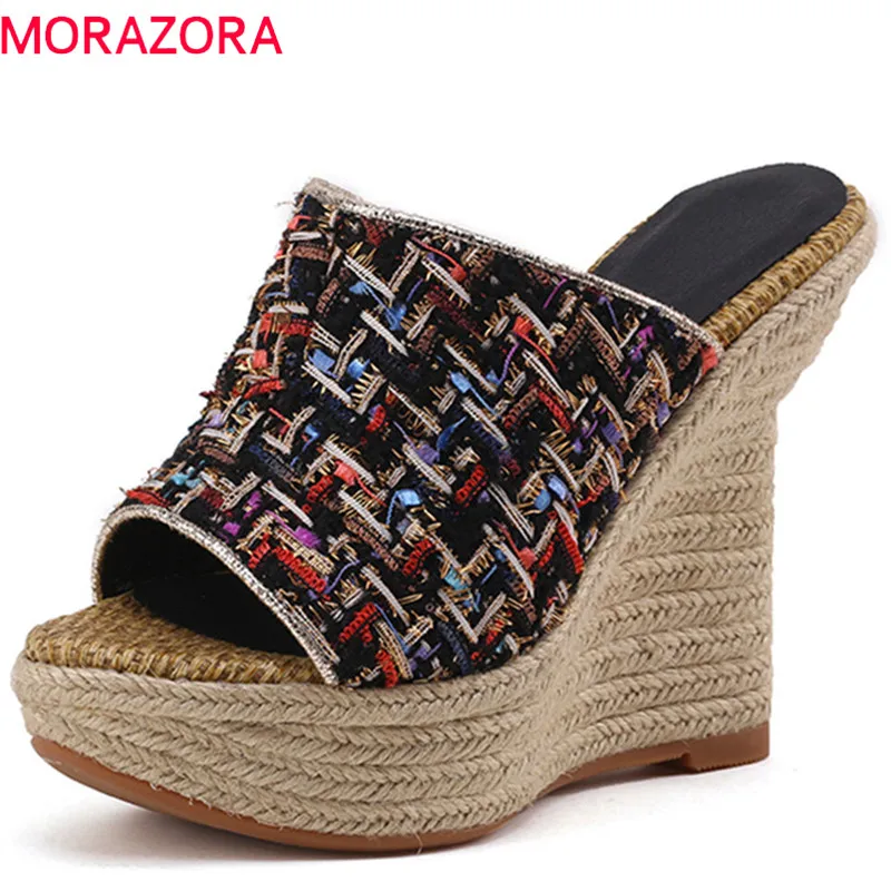 baratas MORAZORA 2018 chegam novas mulheres chinelos moda cânhamo verão sapatos mulas sapatos elegantes cores misturadas casuais cunhas confortáveis