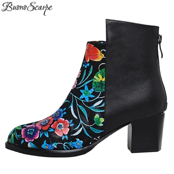 

Buono Scarpe Bohemian Women Ankle Boots Flowers Printed Zipper Shoes Fashion Designers Ankle Botas Female Black Red Boots Women