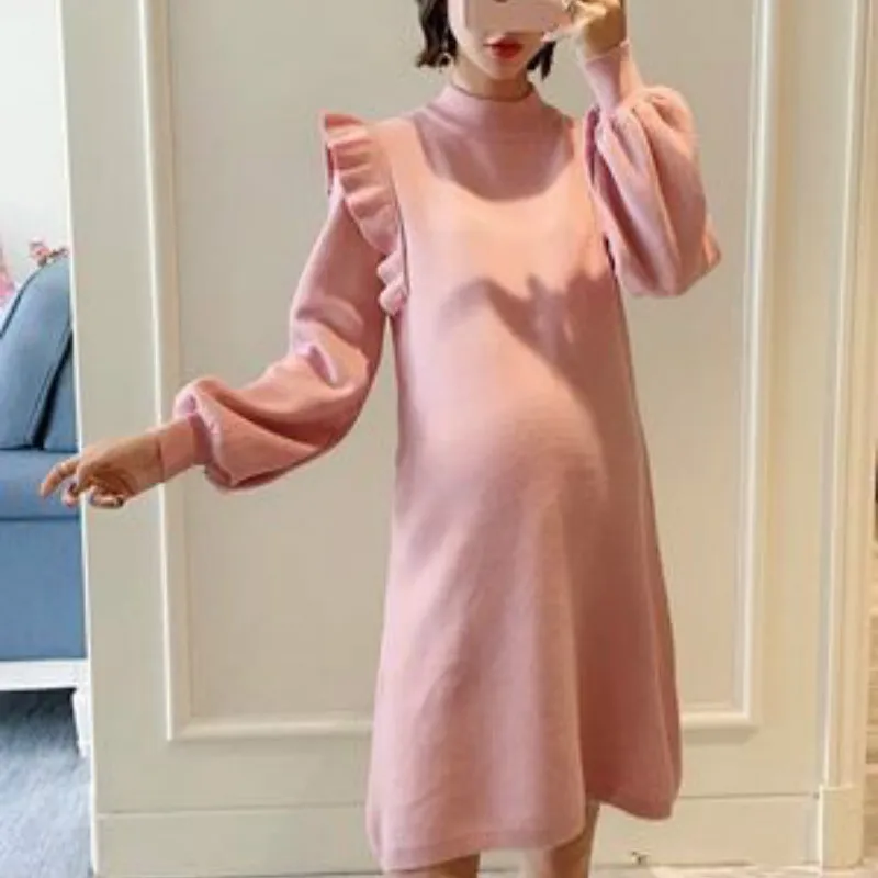 

Korean Ruffles Sleeve Pregnancy Dresses Autumn Winter Bottom Knitted Maternity Dress for Pregnant Women Long Sleeve