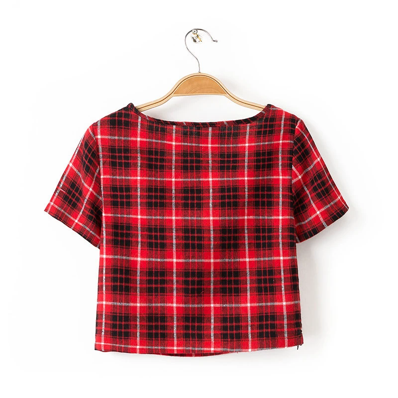 Американский и Европейский женский свободный Красный Клетчатый топ с круглым вырезом и коротким рукавом, футболка в консервативном стиле, женская летняя футболка с коротким рукавом