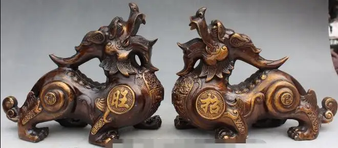 

S00137 9" Chinese Folk Red Bronze Copper Beast Pi Xiu Unicorn Kylin Wealth Statue Pair (B0413)