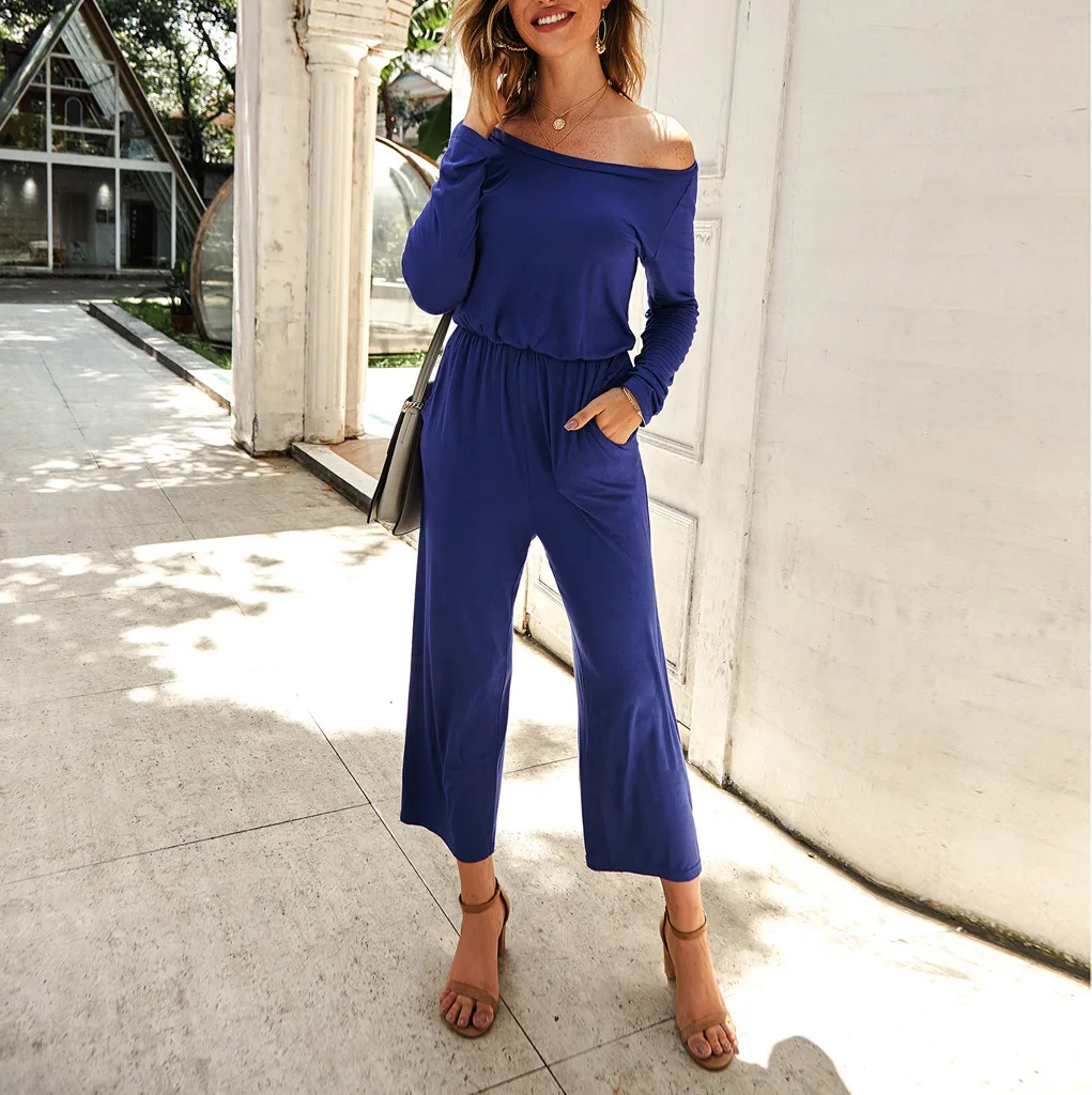 

Womens Solid Wide Straight Leg Long Sleeve O-Neck Jumpsuit Ladies Evening Party Playsuit Monos Largos Mujer Pantalon Largo 50