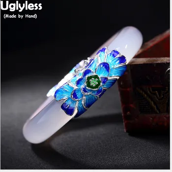 

Uglyless S 925 Sterling Silver White Chalcedony Bangle Vintage Enamel Lotus Bangle for Women Elegant Dress Bijoux Fine Jewelry