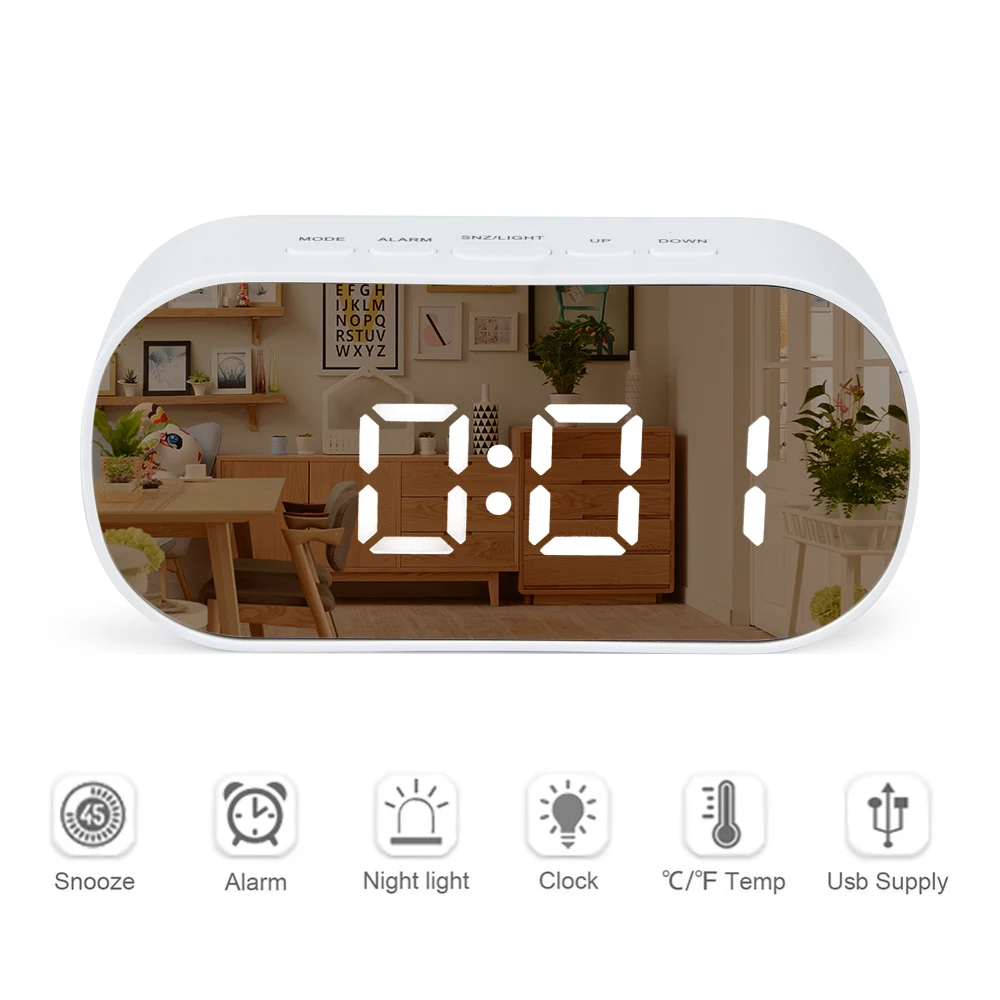 

Oval Led Alarm Clock Mirror Digital Table Clock Night Light Snooze With Temperature Electronic Despertador Home Decor