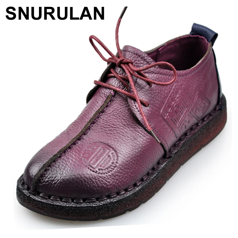 Comprar SNURULAN moda Retro zapatos de coser a mano mujeres pisos de cuero genuino suave inferior mujeres zapatos suaves cómodos zapatos casuales E066