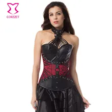 Red Brocade&Black Leather Halter Steel Boned Women Gothic Corset Steampunk Corsets And Bustiers Plus Size Burlesque Costumes 6XL