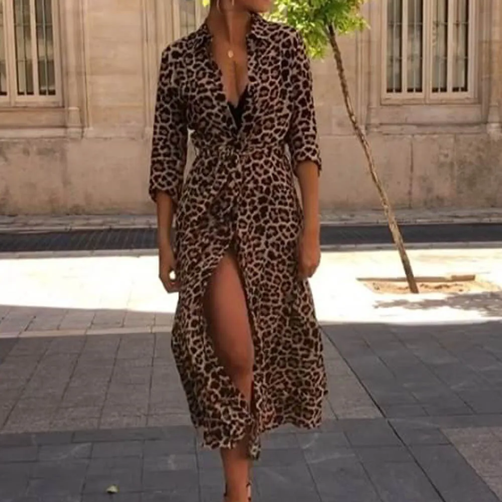 

Vadim women leopard print oversized dress V neck elastic waist split ladies summer loose Ankle-length chic dresses vestidos