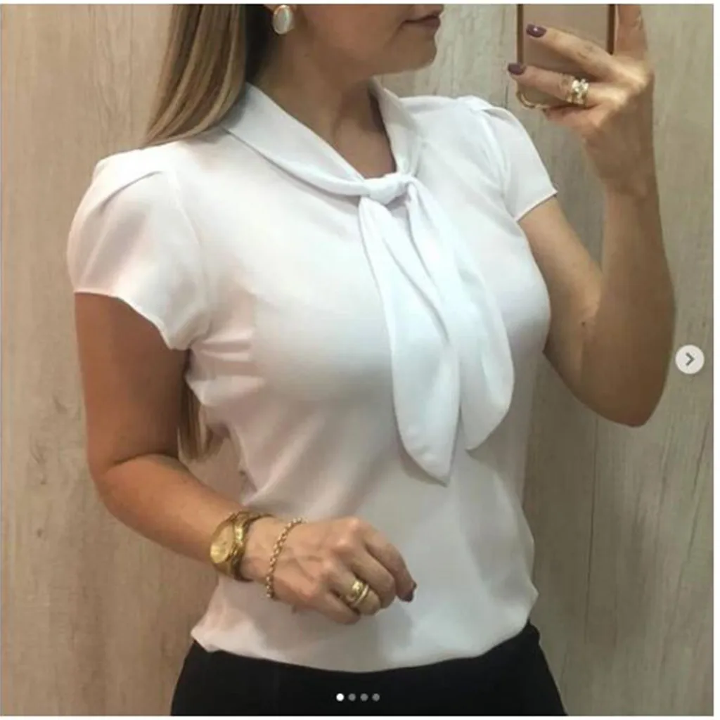 

Women Elegant Blouse White Short Sleeve Bow Chiffon Shirts Summer Tops Office Shirts Female clothes blusa de mujer 2019
