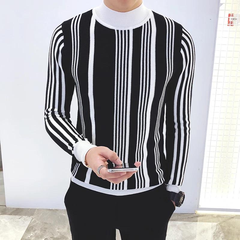 

2018 autumn half-high collar design irregular wide stripe Korean version of the thin men's pullover knit T-shirt