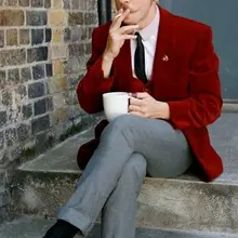 Красный бархатный курительный костюм, мужской блейзер, 3 предмета, мужской костюм с брюками, приталенная официальная Ночная куртка, смокинг, шаль, костюм с отворотом, Homme