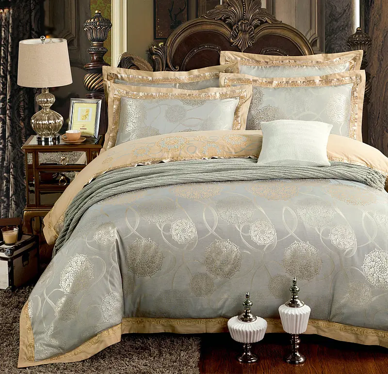 Waliicorners Gold Silver Beige Luxury Silk Jacquard Bedding set Queen King size Duvet cover set Embroidery Bed sheet Linen set Pillowcases 33 IMG_5922