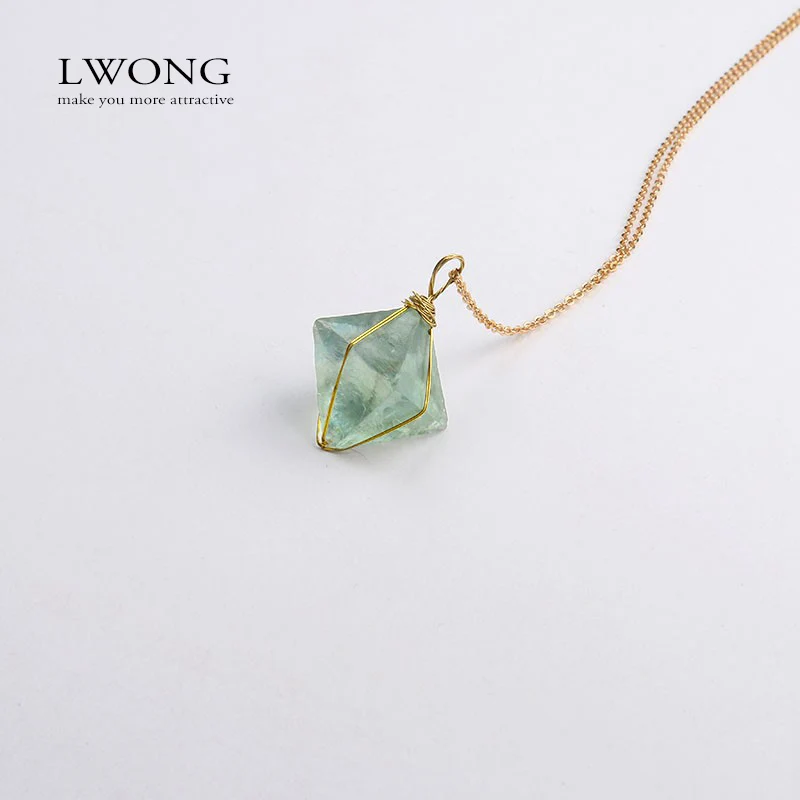 Золотая проволока, обернутая октаэдроном, зеленая флюоритовая подвеска, ожерелье, натуральный камень, ювелирные изделия, исцеляющий драгоценный камень для чакры, ожерелье, уникальный подарок