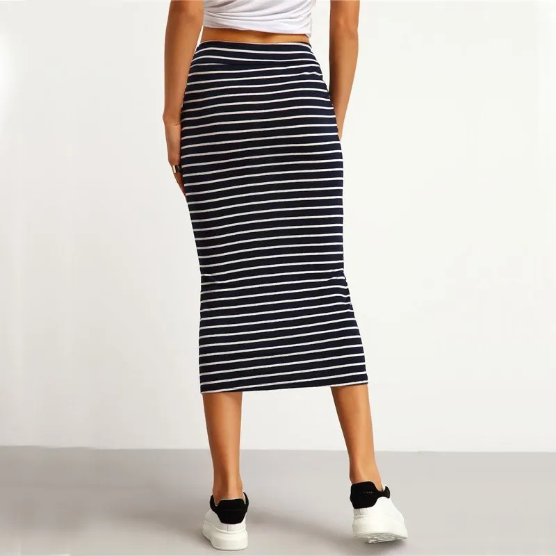 Autumn Women Casual Summer Skirt Navy Black Drawstring Striped Skirts Cozy Pockets Chic Skirts Skirts