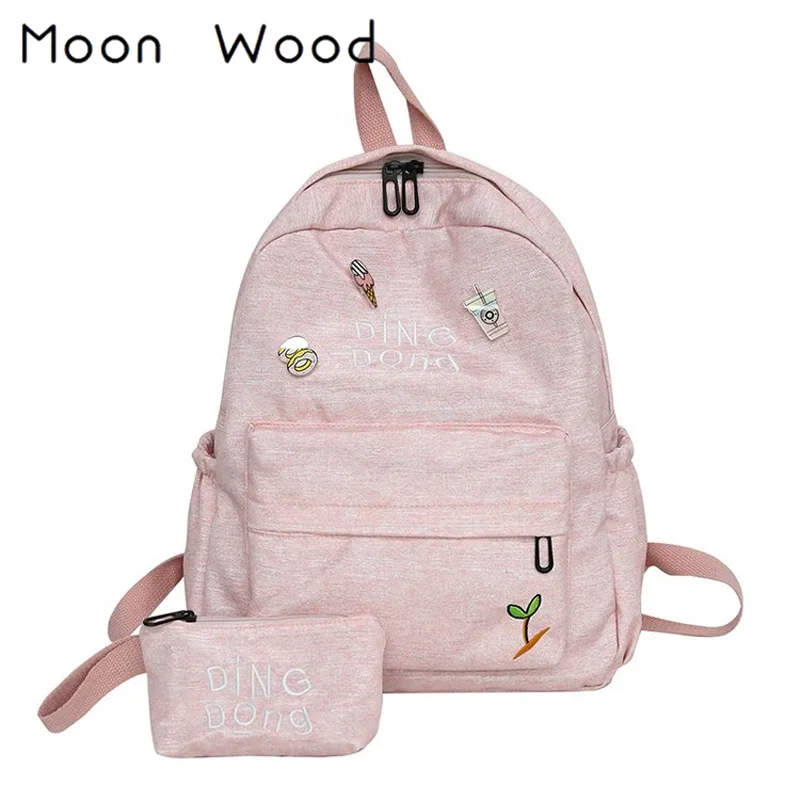 

Moon Wood Korean Style 2 pcs/set Women Backpack With Brooch School Bags For Teenage Girls Notebook Backpack mochila escolar