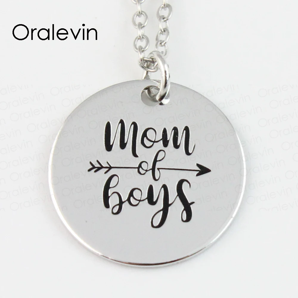 Wholesale Mom Of Boys Engraved Disc Pendant Charms Necklace Mother Son