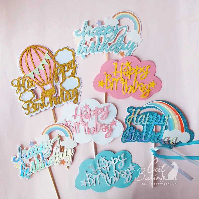 

Pink Blue Balloon Rainbow Cloud Gold Black Hook Cake Topper for Happy Birthday Party Decoration Baking Oh Baby love Gifts